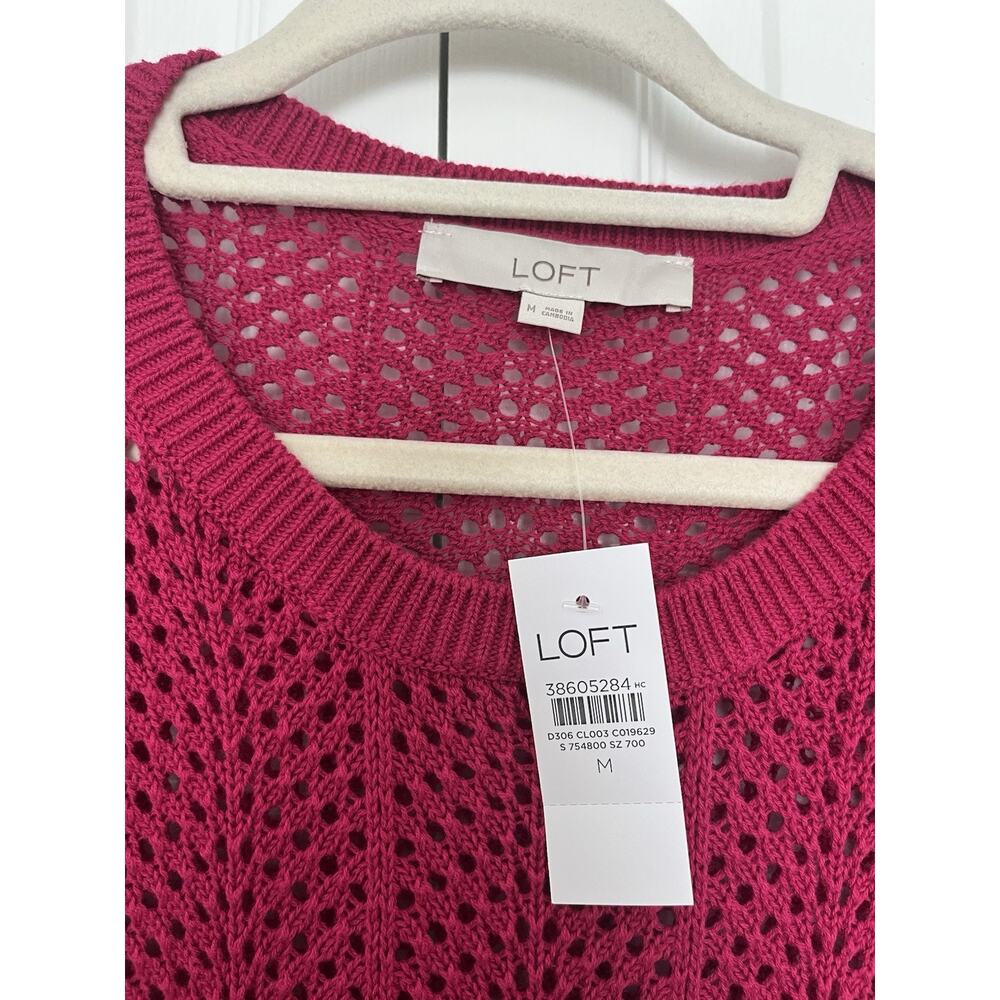 NWT LOFT Scalloped Pointelle Flare Sleeve Sweater In Bright Wine Size Medium - Picture 4 of 7